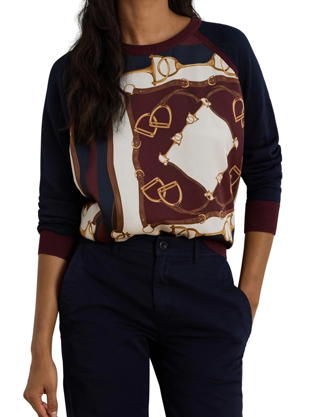 Lauren Ralph Lauren Navy, Burgundy & Cream Equestrian-Print Pullover Sweatshirt